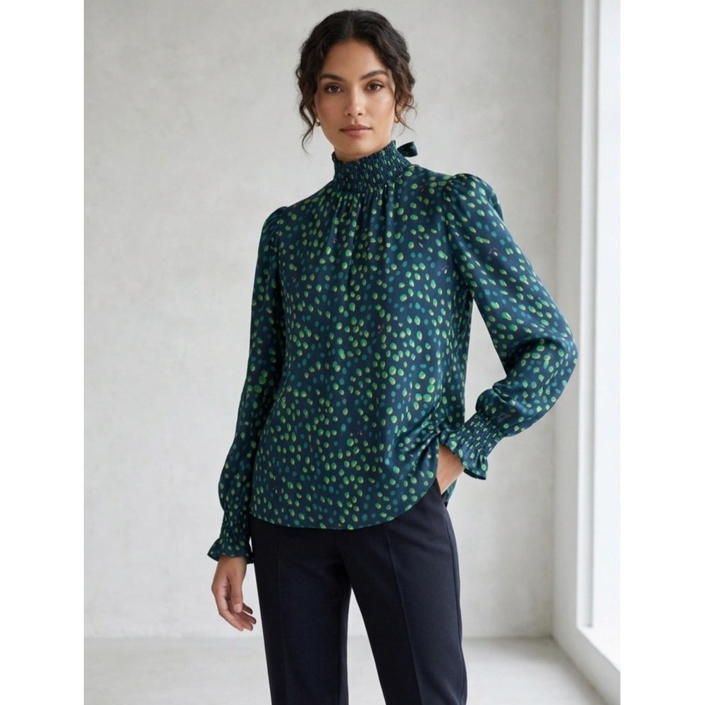 TUCKER NYC High Neck Silk‎ Blouse in Jungle Dot Print W/Fireflies Print XS